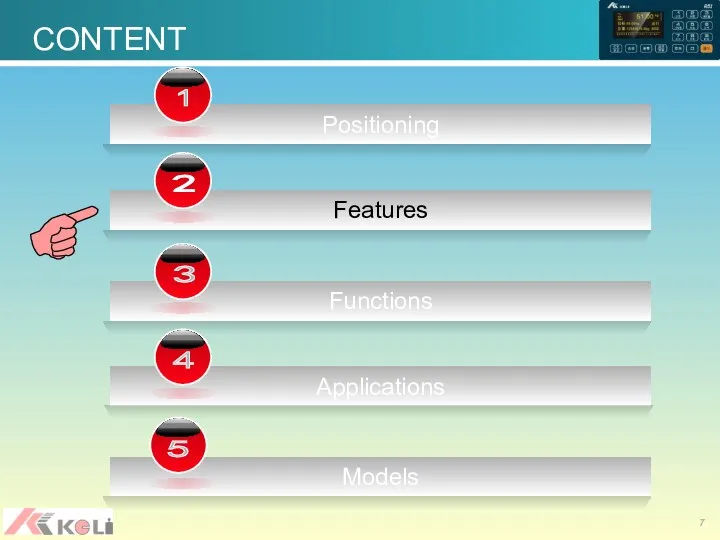 Positioning 1 Features 2 Functions 3 Applications 4 CONTENT Models 5