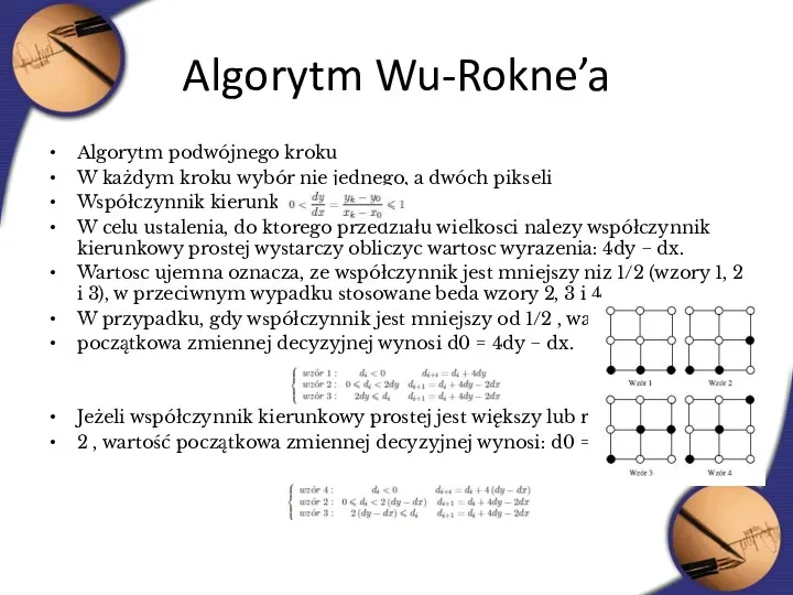 Algorytm Wu-Rokne’a Algorytm podwójnego kroku W każdym kroku wybór nie jednego, a dwóch