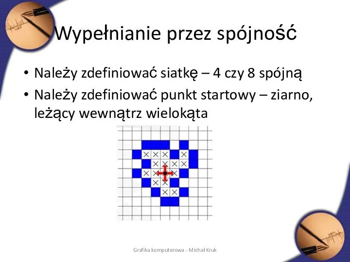 Wypełnianie przez spójność Należy zdefiniować siatkę – 4 czy 8 spójną Należy zdefiniować