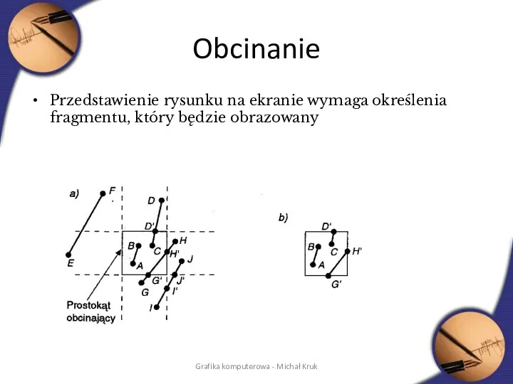 Obcinanie Przedstawienie rysunku na ekranie wymaga określenia fragmentu, który będzie obrazowany Grafika komputerowa - Michał Kruk