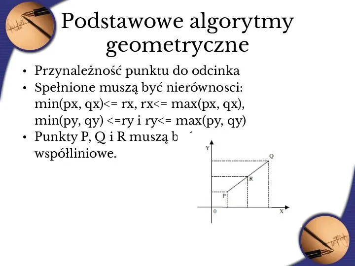 Podstawowe algorytmy geometryczne Przynależność punktu do odcinka Spełnione muszą być nierównosci: min(px, qx)