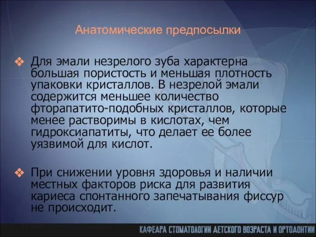 Анатомические предпосылки Для эмали незрелого зуба характерна большая пористость и