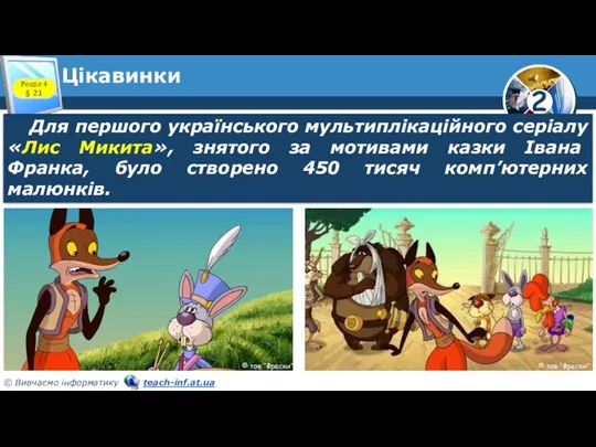 Цікавинки Для першого українського мультиплікаційного серіалу «Лис Микита», знятого за