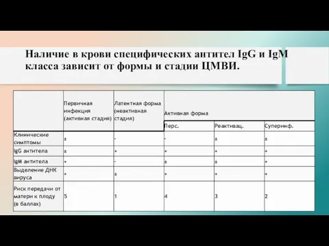 Наличие в крови специфических антител IgG и IgM класса зависит от формы и стадии ЦМВИ.