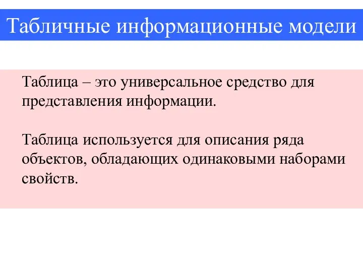 Табличные информационные модели Таблица – это универсальное средство для представления