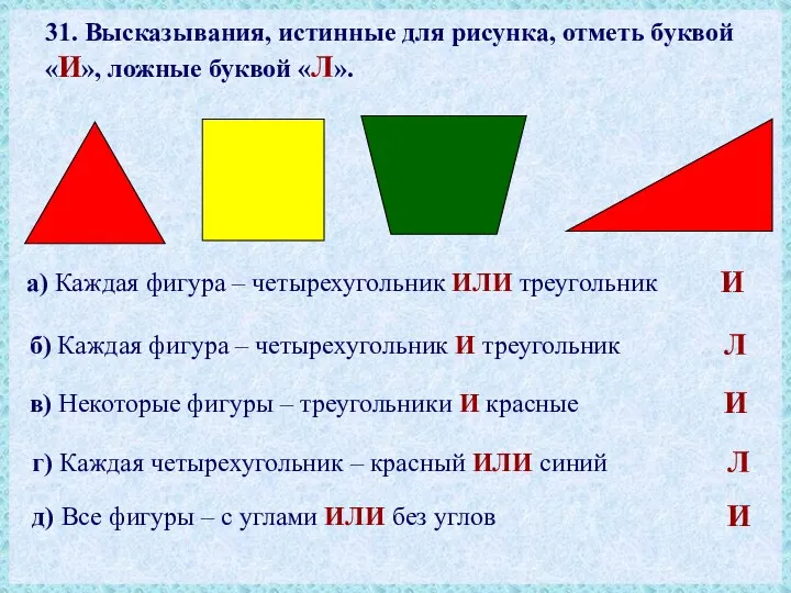 31. Высказывания, истинные для рисунка, отметь буквой «И», ложные буквой