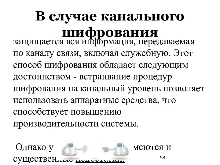 В случае канального шифрования защищается вся информация, передаваемая по каналу