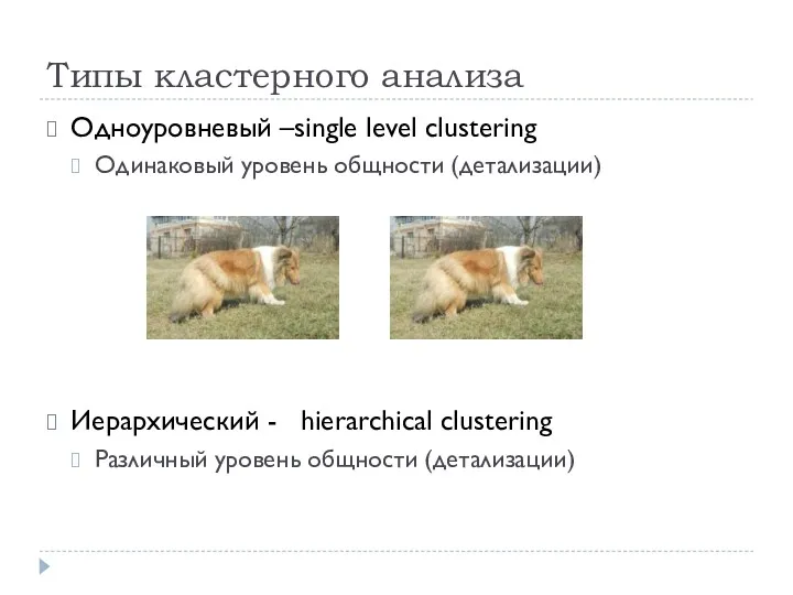 Типы кластерного анализа Одноуровневый –single level clustering Одинаковый уровень общности