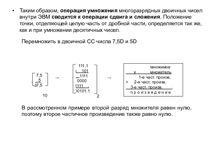 Таким образом, операция умножения многоразрядных двоичных чисел внутри ЭВМ сводится