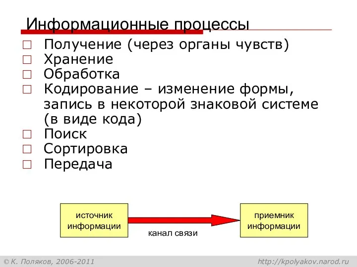 Информационные процессы Получение (через органы чувств) Хранение Обработка Кодирование –