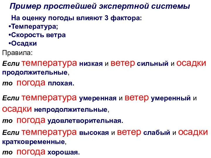 Пример простейшей экспертной системы Правила: Если температура низкая и ветер