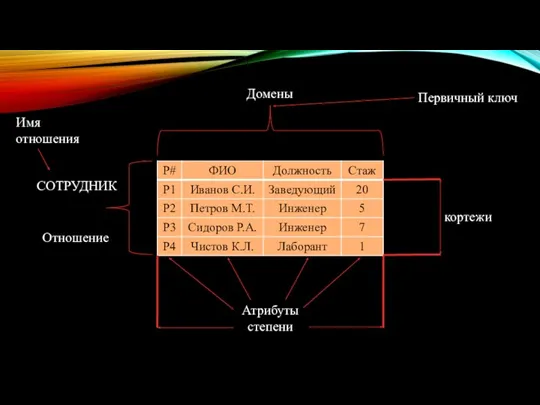 кортежи Атрибуты степени Имя отношения СОТРУДНИК Первичный ключ Домены Отношение