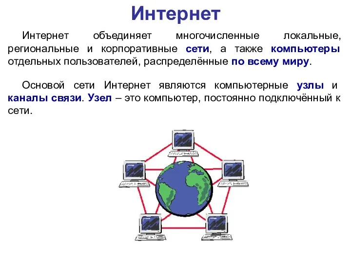 Интернет Интернет объединяет многочисленные локальные, региональные и корпоративные сети, а