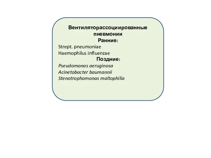 Вентиляторассоциированные пневмонии Ранние: Strept. pneumoniae Haemophilus influenzae Поздние: Pseudomonas aeruginosa Acinetobacter baumannii Stenotrophomonas maltophilia