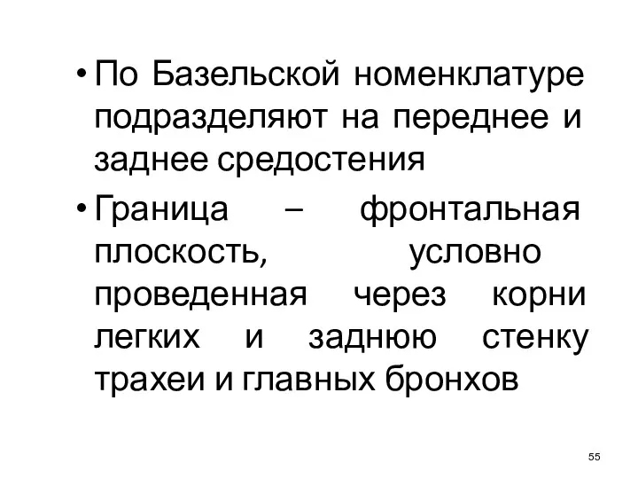 По Базельской номенклатуре подразделяют на переднее и заднее средостения Граница