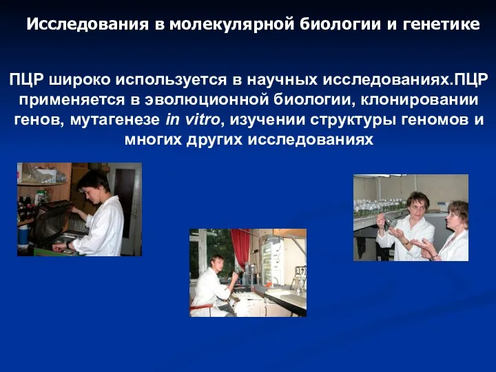 Исследования в молекулярной биологии и генетике ПЦР широко используется в