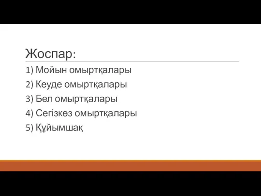 Жоспар: 1) Мойын омыртқалары 2) Кеуде омыртқалары 3) Бел омыртқалары 4) Сегізкөз омыртқалары 5) Құйымшақ