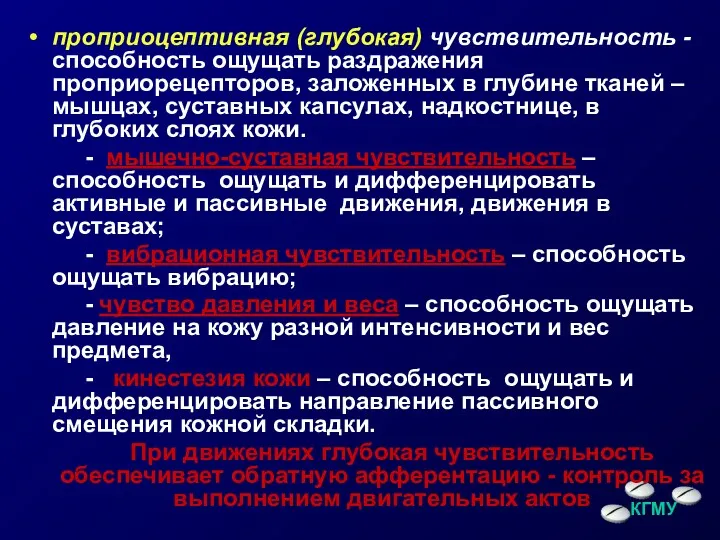 проприоцептивная (глубокая) чувствительность - способность ощущать раздражения проприорецепторов, заложенных в