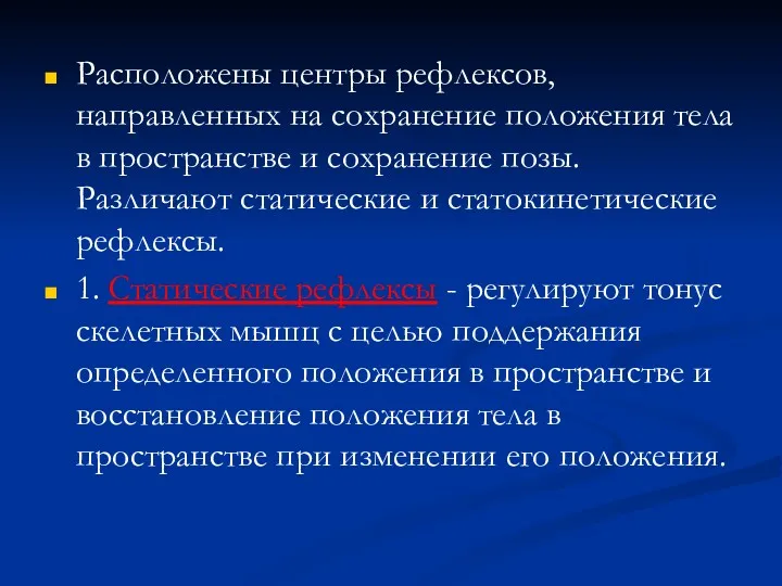 Расположены центры рефлексов, направленных на сохранение положения тела в пространстве