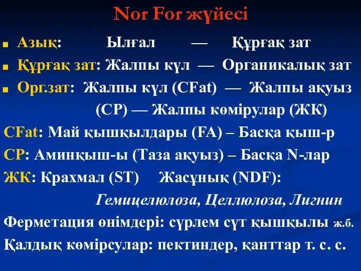 Nor For жүйесі Азық: Ылғал — Құрғақ зат Құрғақ зат: Жалпы күл —