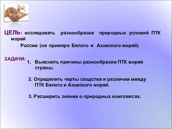 ЦЕЛЬ: исследовать разнообразие природных условий ПТК морей России (на примере