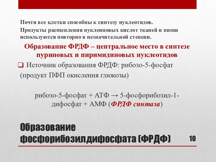 Образование фосфорибозилдифосфата (ФРДФ) Почти все клетки способны к синтезу нуклеотидов.