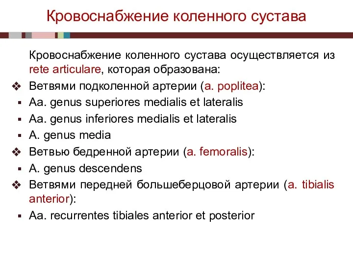 Кровоснабжение коленного сустава Кровоснабжение коленного сустава осуществляется из rete articulare, которая образована: Ветвями