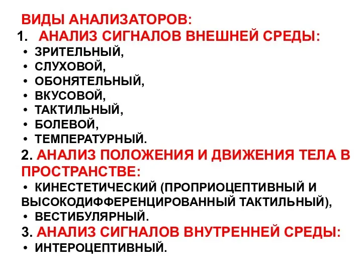 ВИДЫ АНАЛИЗАТОРОВ: АНАЛИЗ СИГНАЛОВ ВНЕШНЕЙ СРЕДЫ: ЗРИТЕЛЬНЫЙ, СЛУХОВОЙ, ОБОНЯТЕЛЬНЫЙ, ВКУСОВОЙ,