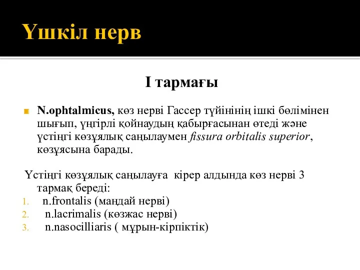 Үшкіл нерв І тармағы N.ophtalmicus, көз нерві Гассер түйінінің ішкі