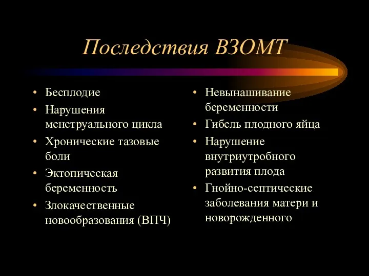 Последствия ВЗОМТ Бесплодие Нарушения менструального цикла Хронические тазовые боли Эктопическая