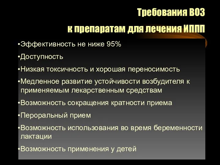 Требования ВОЗ к препаратам для лечения ИППП Эффективность не ниже