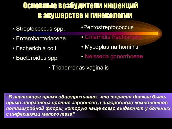 Streptococcus spp. Enterobacteriaceae Escherichia coli Bacteroides spp. Trichomonas vaginalis Основные