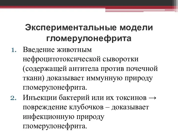 Экспериментальные модели гломерулонефрита Введение животным нефроцитотоксической сыворотки (содержащей антитела против