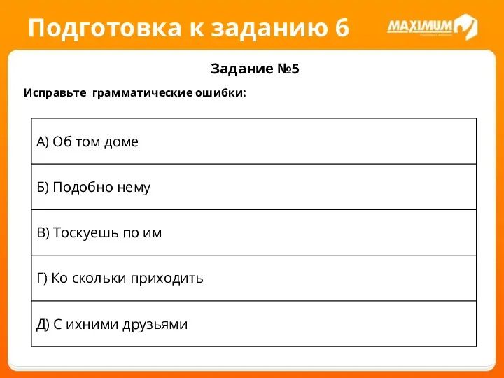 Подготовка к заданию 6 Задание №5 Исправьте грамматические ошибки: