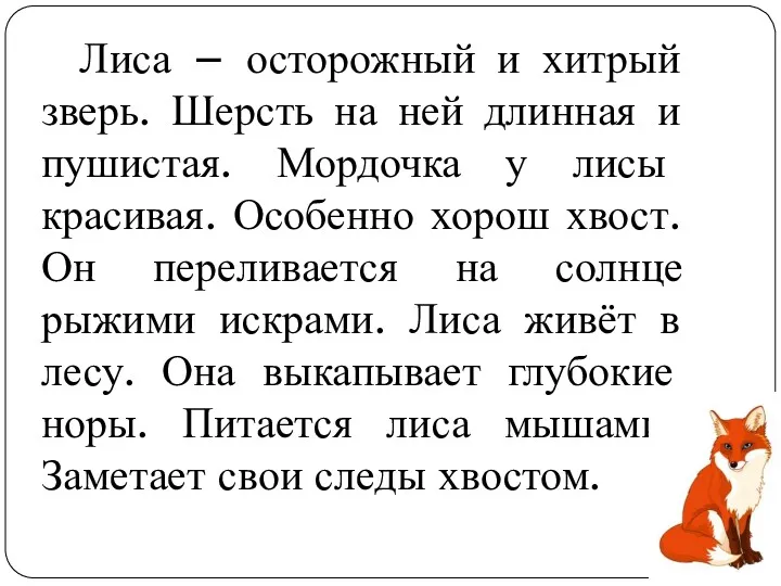 Лиса – осторожный и хитрый зверь. Шерсть на ней длинная и пушистая. Мордочка