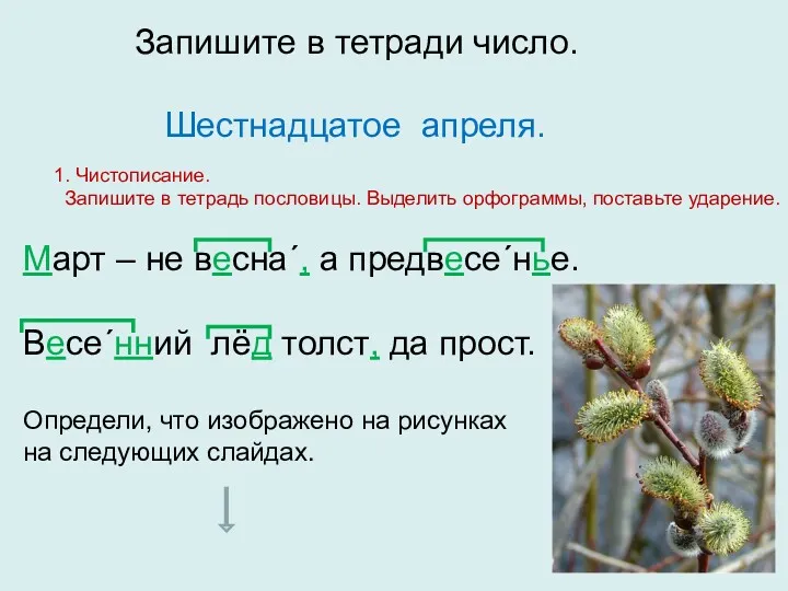 Запишите в тетради число. Шестнадцатое апреля. 1. Чистописание. Запишите в