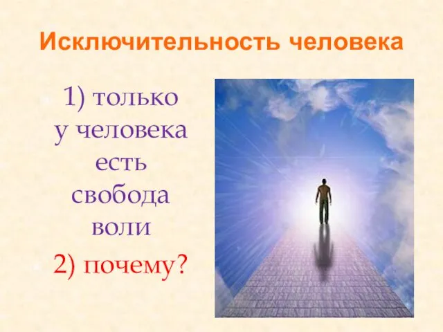 Исключительность человека 1) только у человека есть свобода воли 2) почему?