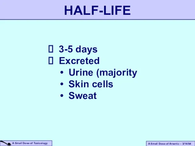 3-5 days Excreted Urine (majority Skin cells Sweat HALF-LIFE