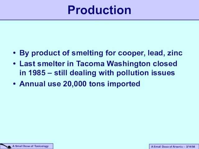 By product of smelting for cooper, lead, zinc Last smelter