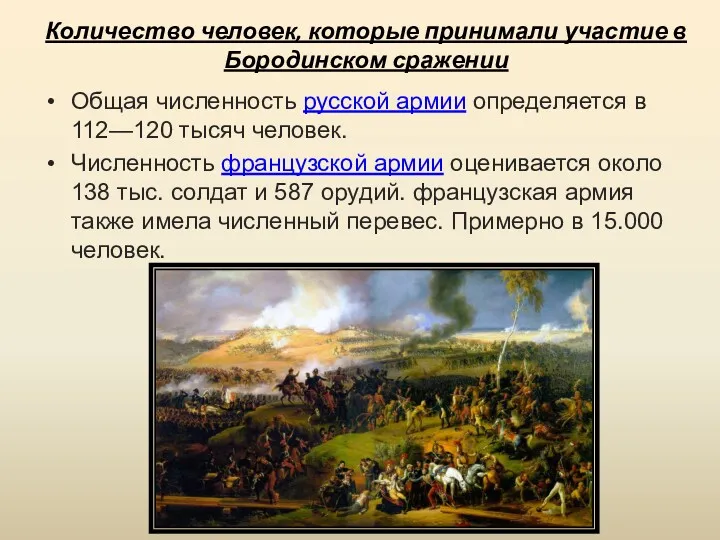 Количество человек, которые принимали участие в Бородинском сражении Общая численность русской армии определяется