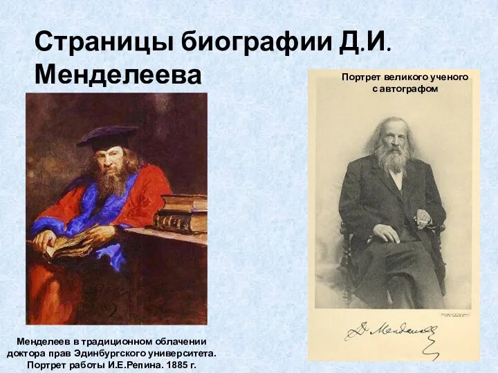 Менделеев в традиционном облачении доктора прав Эдинбургского университета. Портрет работы И.Е.Репина. 1885 г.