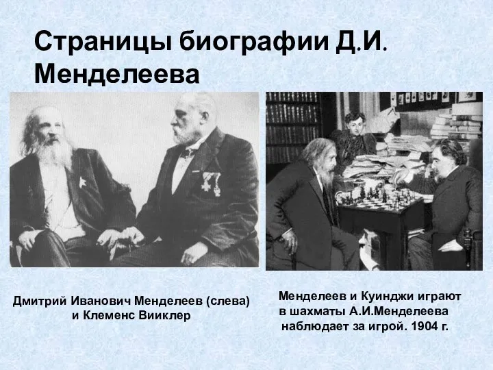 Дмитрий Иванович Менделеев (слева) и Клеменс Вииклер Менделеев и Куинджи играют в шахматы