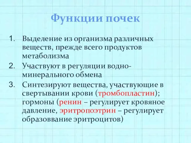 Функции почек Выделение из организма различных веществ, прежде всего продуктов