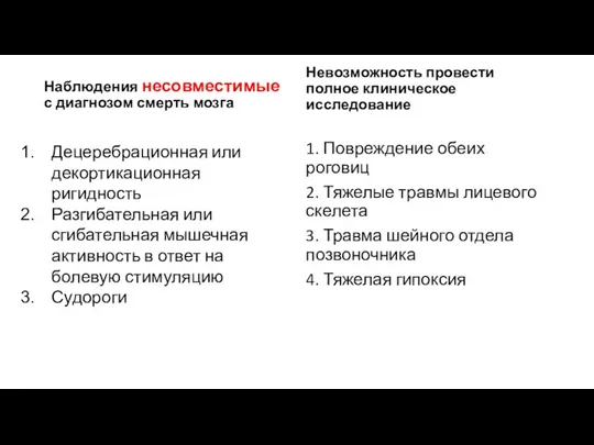 Наблюдения несовместимые с диагнозом смерть мозга Децеребрационная или декортикационная ригидность