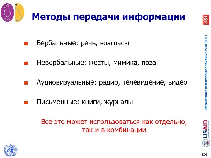 Методы передачи информации Вербальные: речь, возгласы Невербальные: жесты, мимика, поза