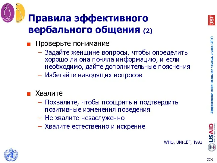 Правила эффективного вербального общения (2) Проверьте понимание Задайте женщине вопросы,