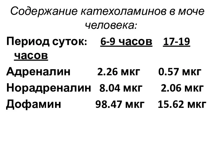 Содержание катехоламинов в моче человека: Период суток: 6-9 часов 17-19 часов Адреналин 2.26