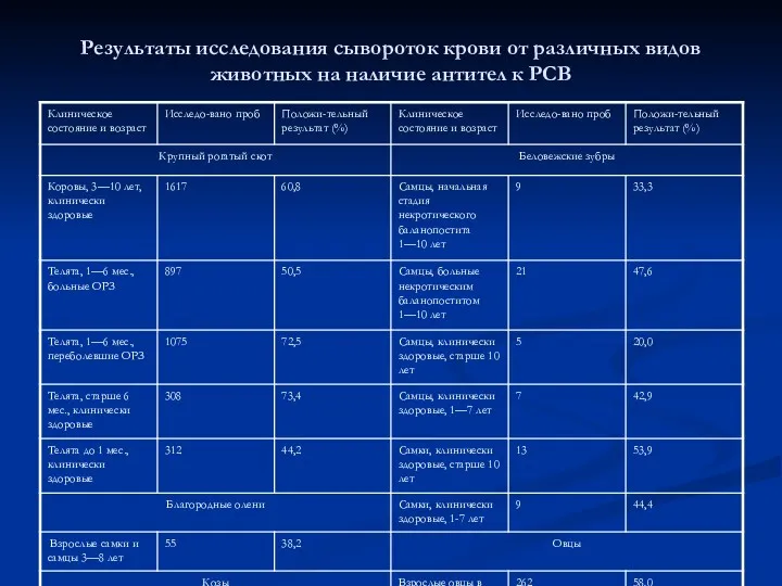 Результаты исследования сывороток крови от различных видов животных на наличие антител к РСВ