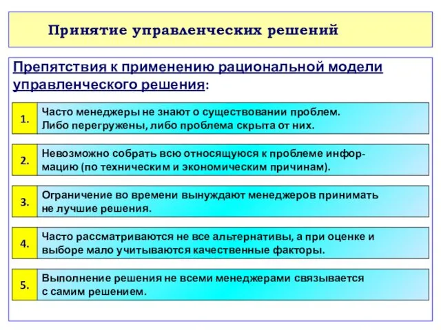 Принятие управленческих решений Препятствия к применению рациональной модели управленческого решения: