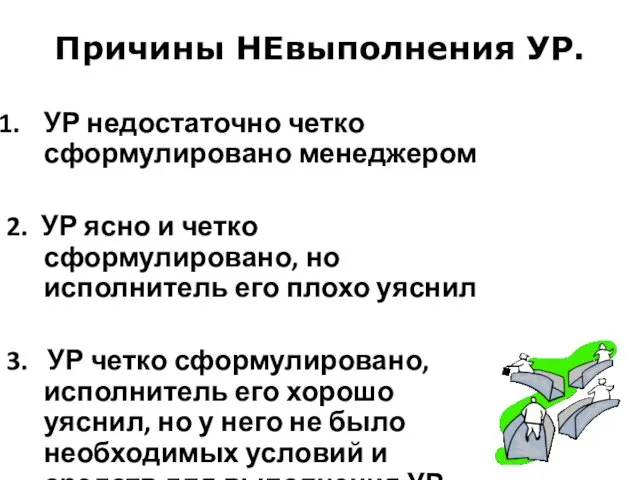 Причины НЕвыполнения УР. УР недостаточно четко сформулировано менеджером 2. УР ясно и четко